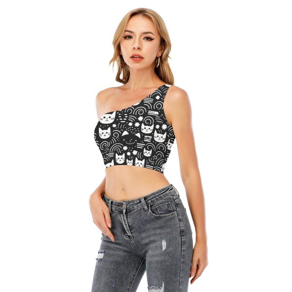 New Cute Cat Print Women's One-Shoulder Cropped Top