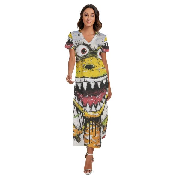 New Fun Colorful Monster Print Women's V-nNeck Dress With Side Slit