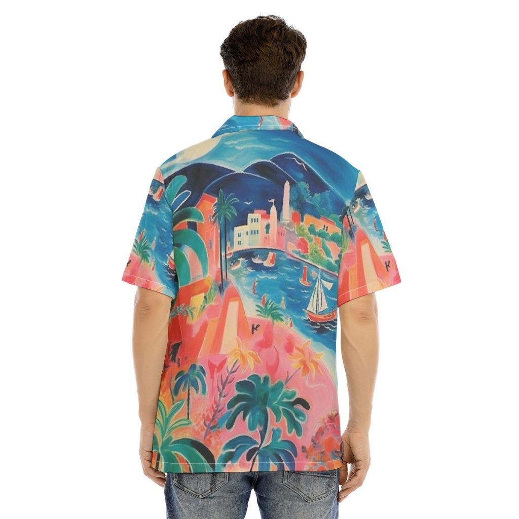 New Sea Scape Print Men's Hawaiian Shirt With Button Closure
