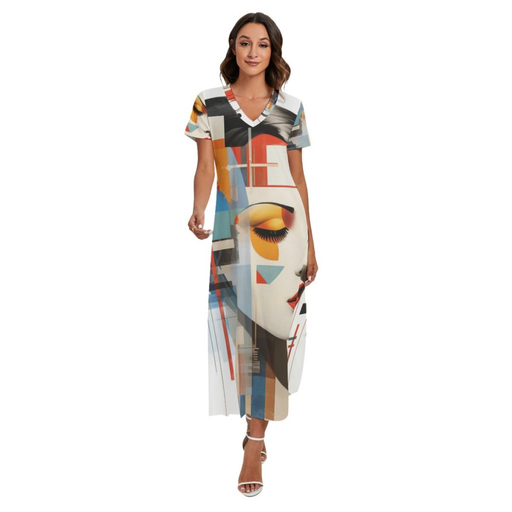 New Colorful Woman's Face Print Women's V-neck Dress With Side Slit