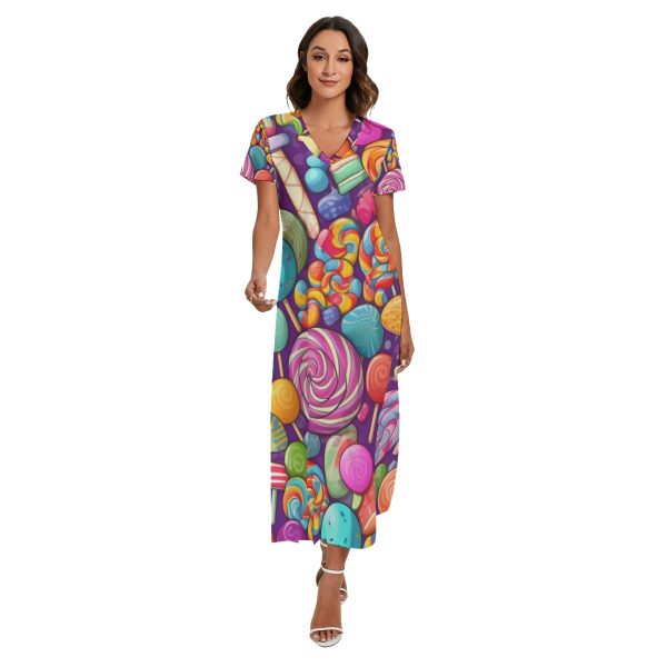 New Colorful Vibrant Print Women's V-neck Dress With Side Slit