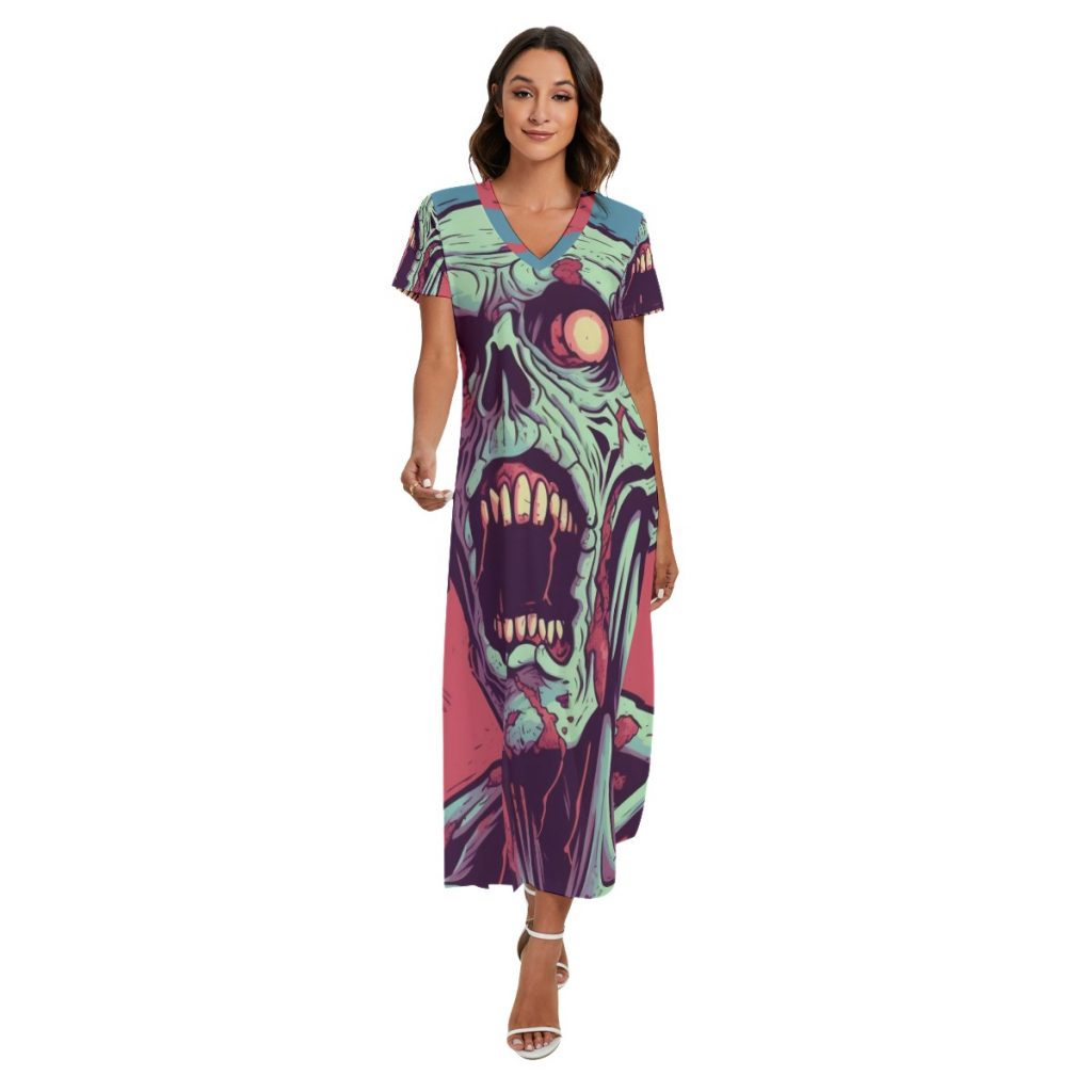 New All Over Zombie Print Women's V-Neck Dress With Side Slit