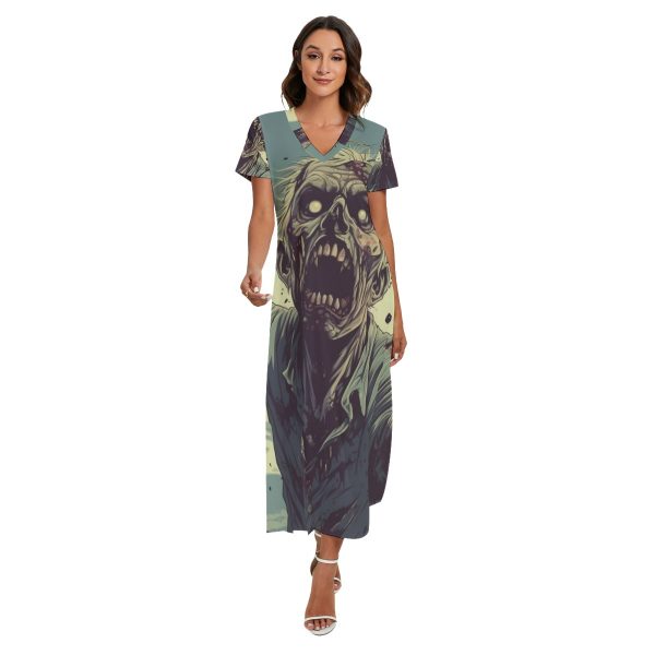 New All-Over Zombie Print Women's V-neck Dress With Side Slit