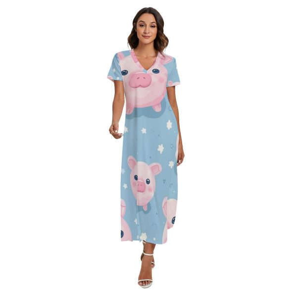 New Cute Colorful Pig Print Women's V-neck Floor Length Dress With Side Slit