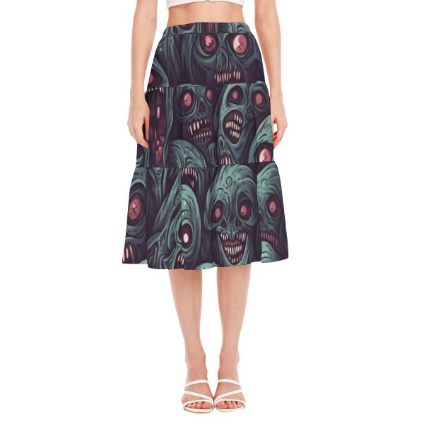 New Zombie Faces Print Women's Stitched Pleated Chiffon Skirt