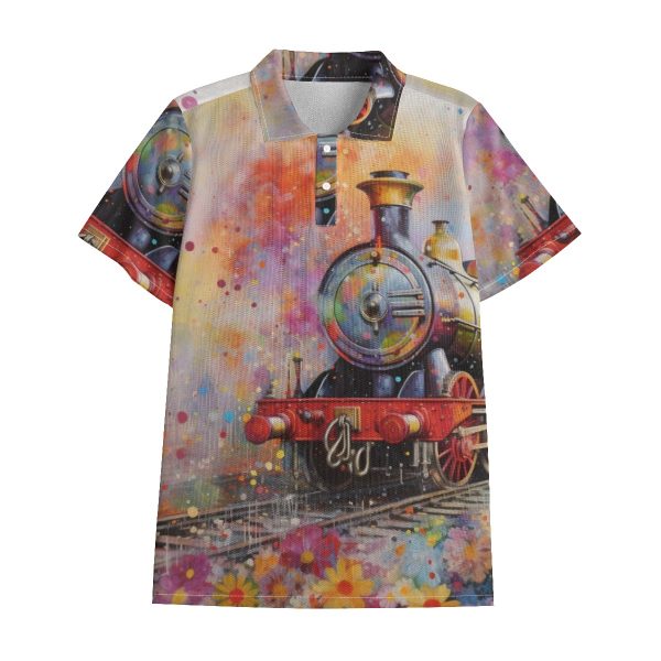 New COlorful Artistic Train Print Men's Polo Shirt