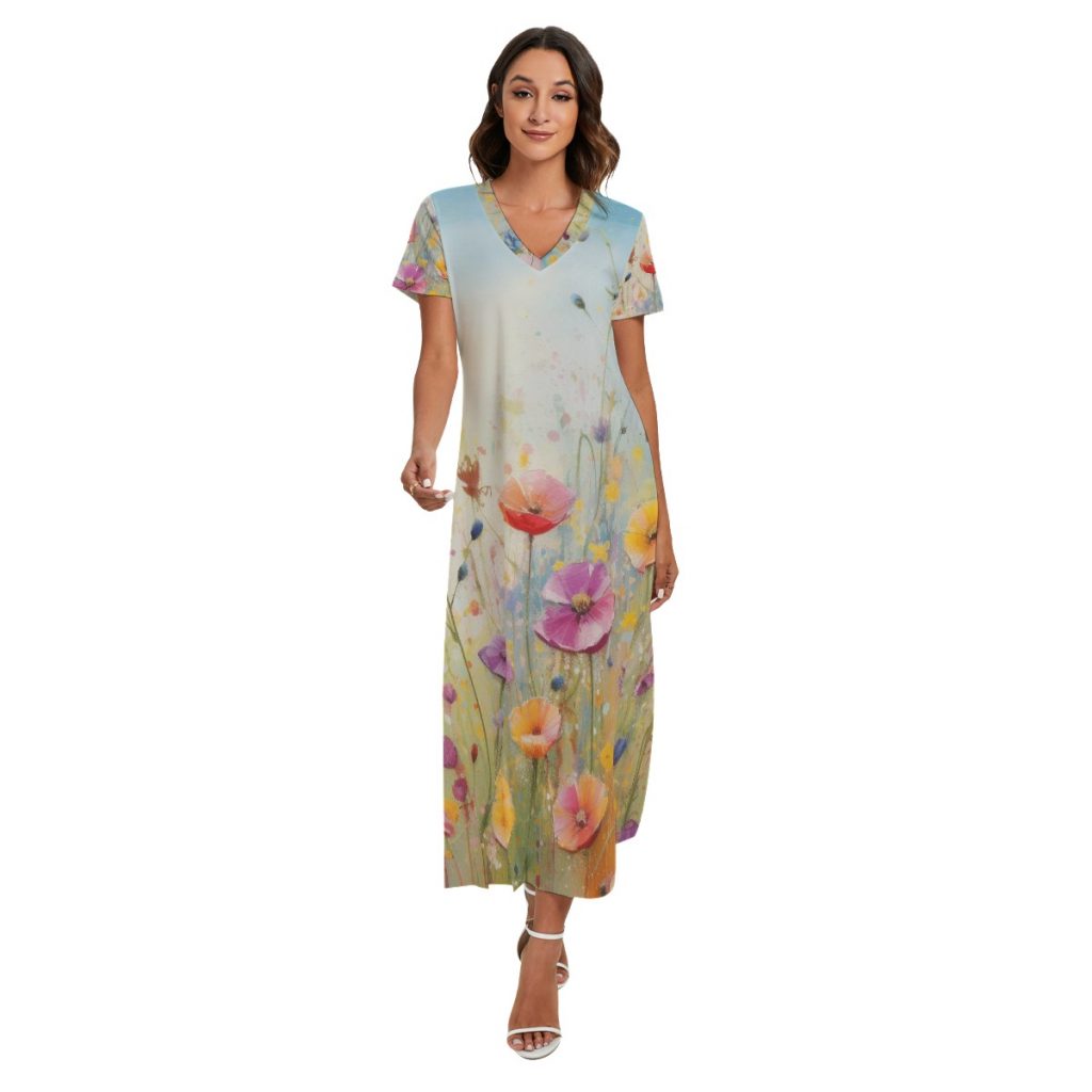 New Pullover Floral Print Women's V-Neck Dress With Side Slit