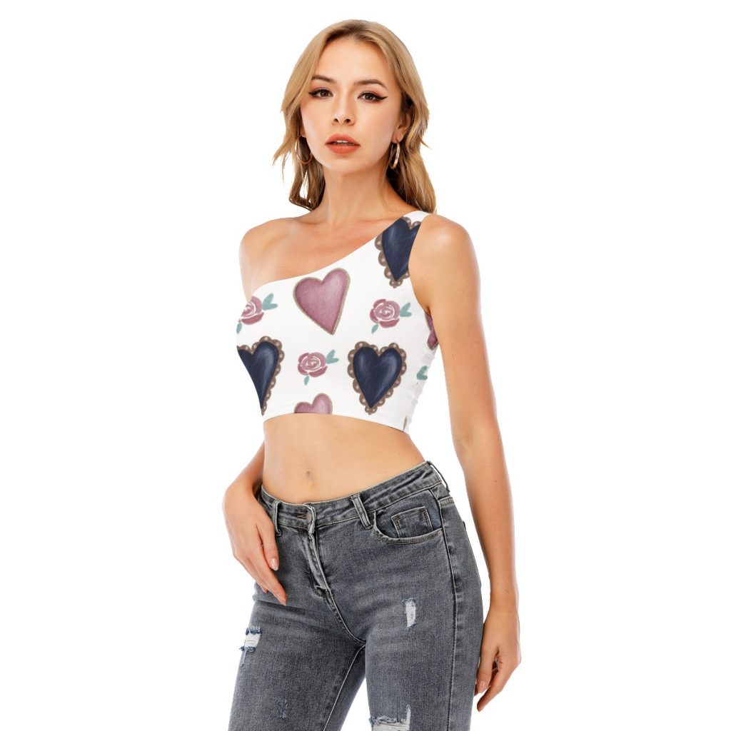 New Heart Print Women's One-Shoulder Cropped Top
