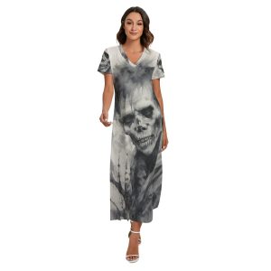 New Pullover Zombie Print Women's V-Neck Dress With Side Slit