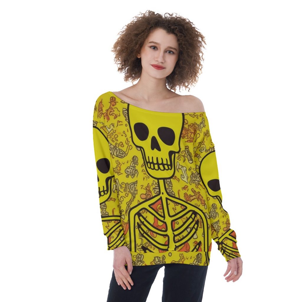 New Fun Yellow Skeleton Print Oversized Women's Off-Shoulder Sweatshirt