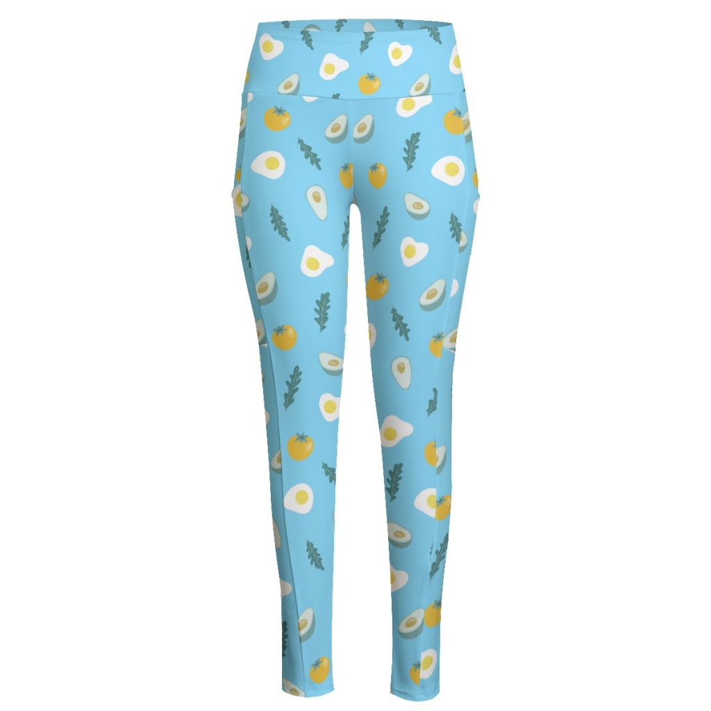 New Light Blue Fun Print Women's High Waist Leggings With Side Pocket