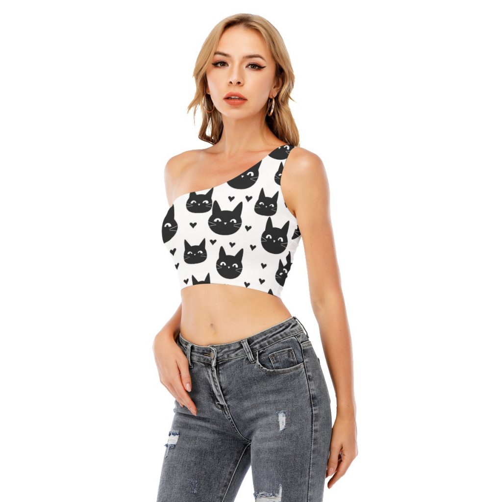 New Black Cats Print Women's One-Shoulder Cropped Top