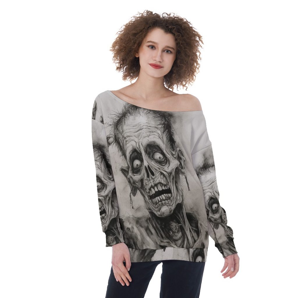 New Zombie Faces Print Oversized Women's Off-Shoulder Sweatshirt