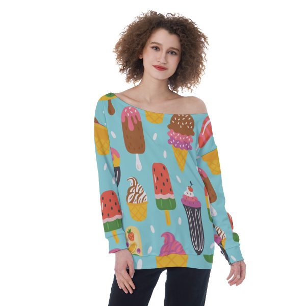 New Fun Ice Cream Cone Print Oversized Women's Off-Shoulder Sweatshirt