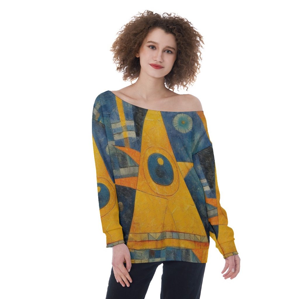 New Yellow Blue Fantasy 'Eyeball' Print Oversized Women's Off-Shoulder Sweatshirt