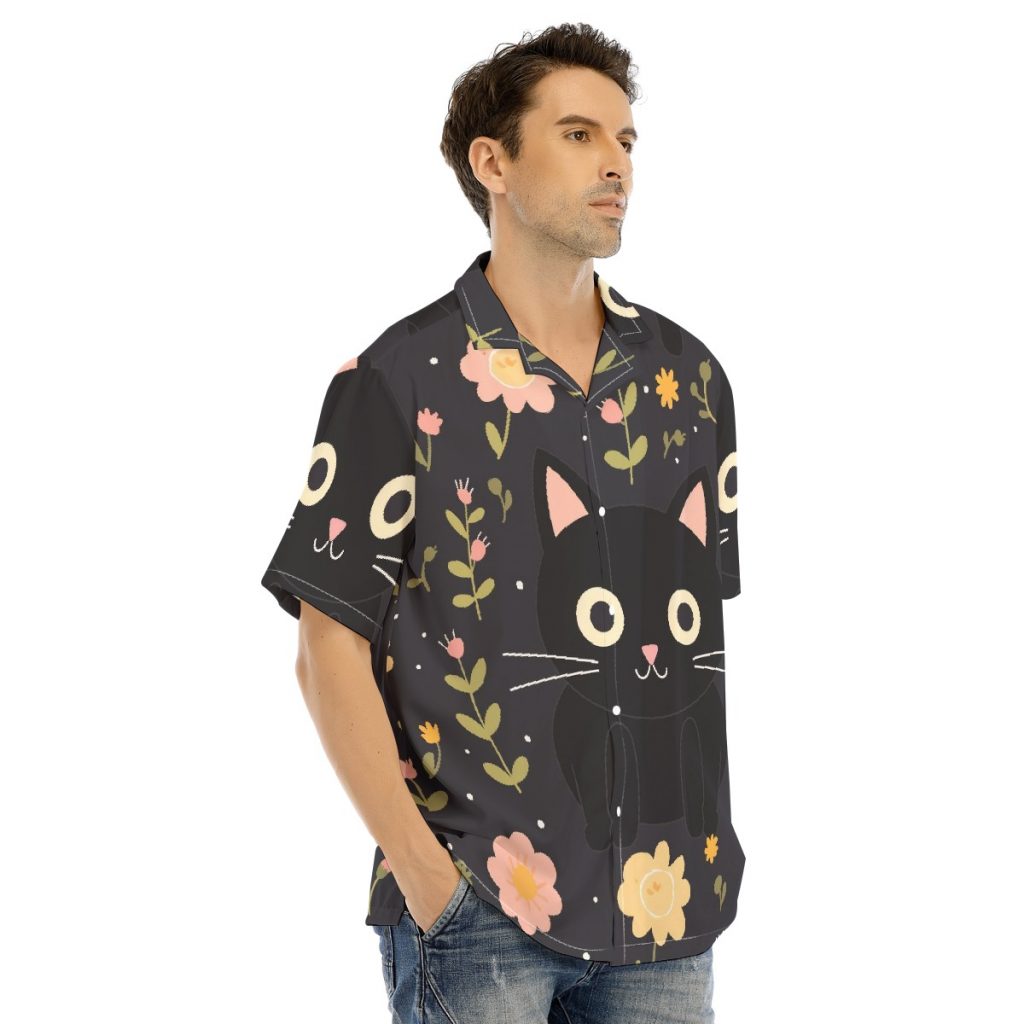New Black Cat Print Men's Hawaiian Shirt With Button Closure