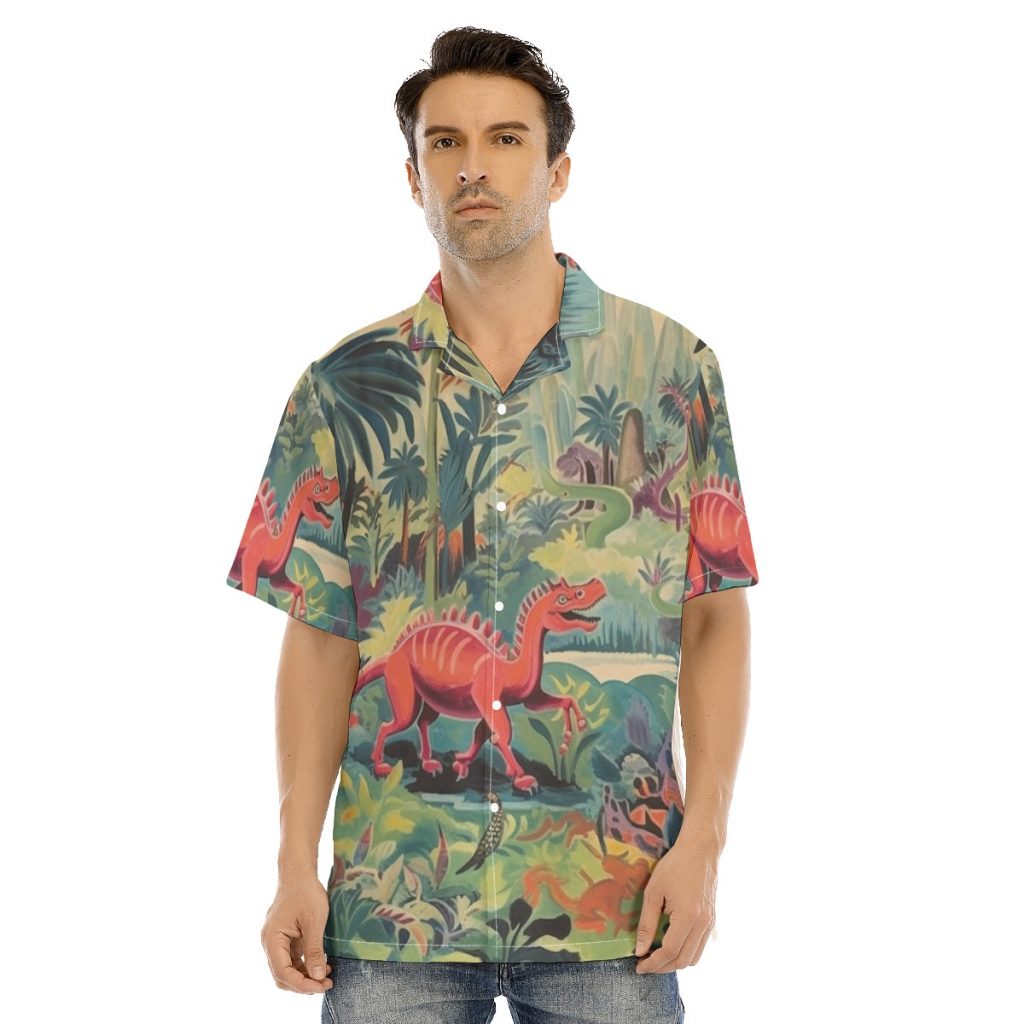 New Dinosaur  Print Men's Hawaiian Shirt With Button Closure