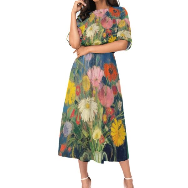 New Colorful Floral Print Women's Elastic Waist Dress