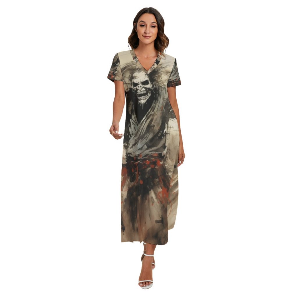 New Zombie Print Women's V-Neck Dress With Side Slit