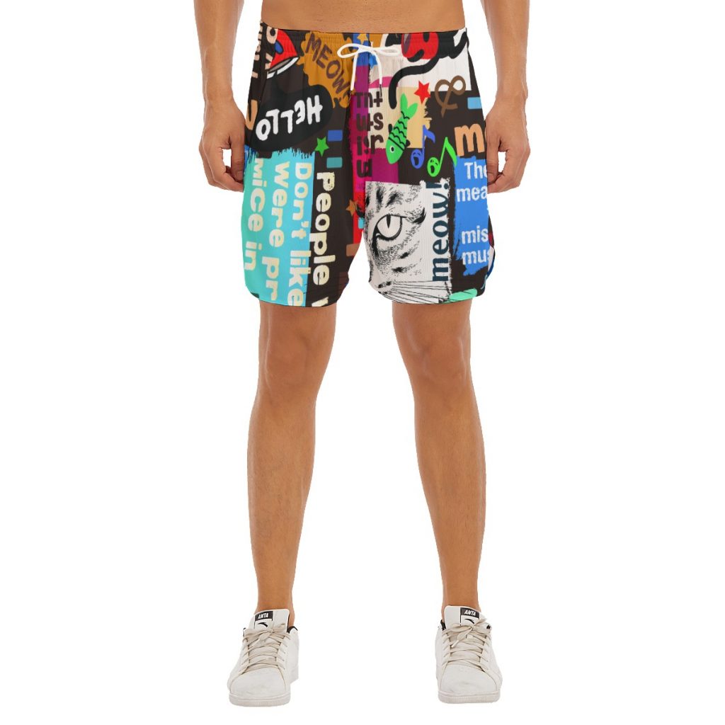 New Fun Cat 'Meow' Print Men's Side Split Running Sport Shorts