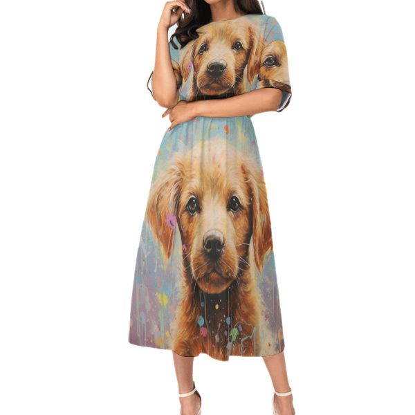 New Cute Dog Print Women's Elastic Waist Floor Length Dress