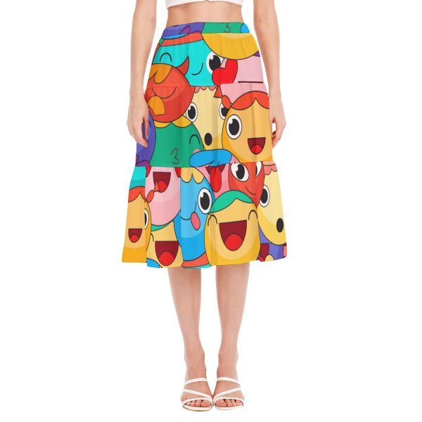 New Fun Colorful Faces Print Women's Stitched Pleated Chiffon Skirt