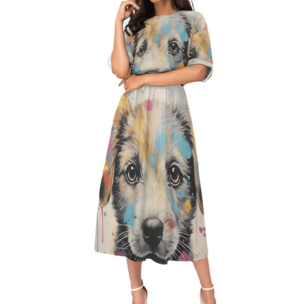 New Vibrant Dog Print Women's Elastic Waist Dress