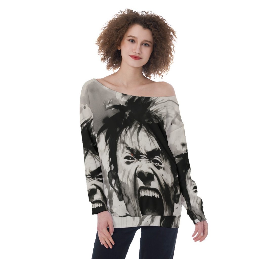 New 'Screaming Faces' Print Oversized Women's Off-Shoulder Sweatshirt