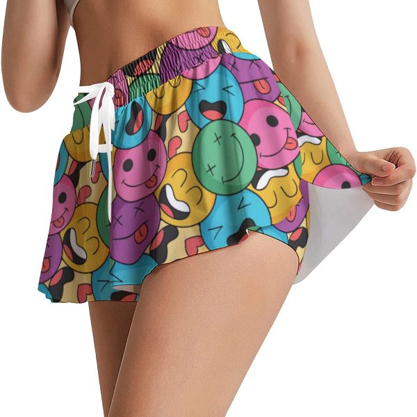 New Smiley Face Print Women's Sport Skorts With Pocket