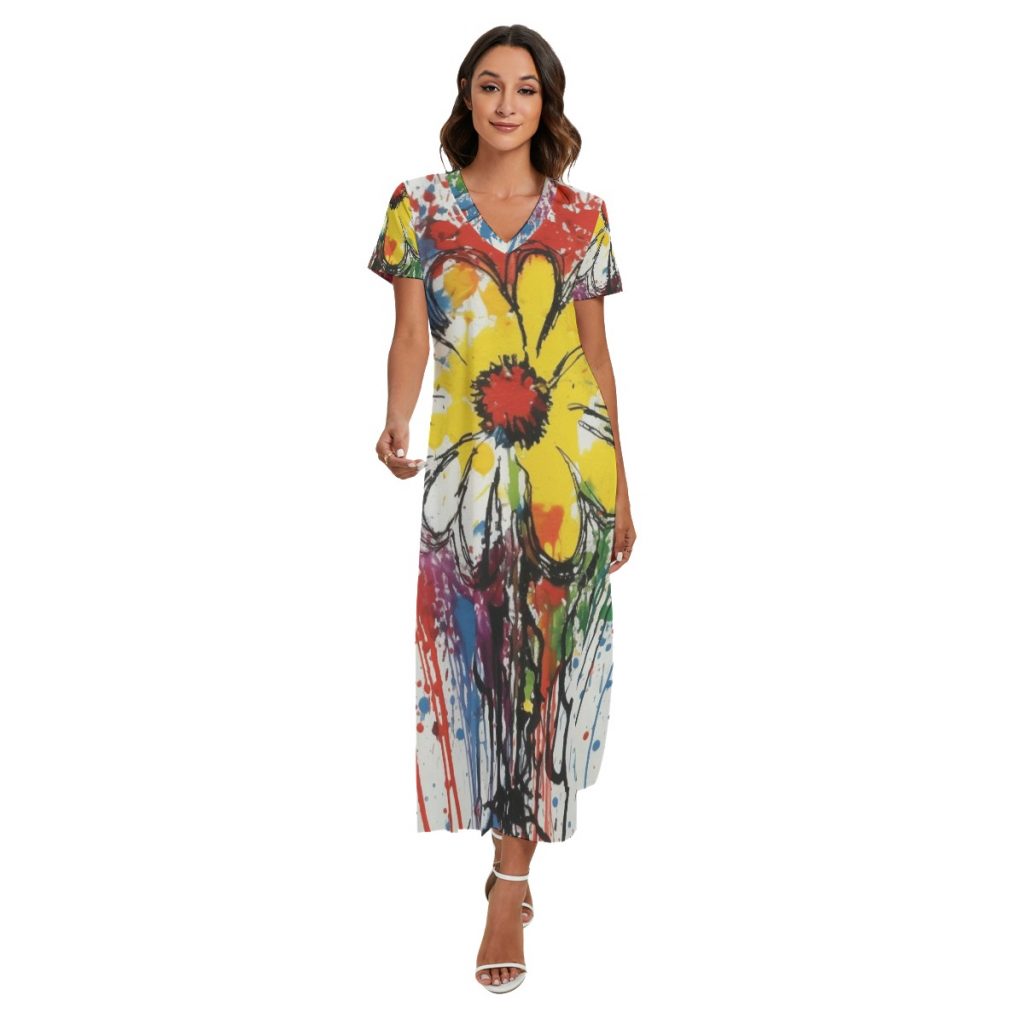 New Floral Print Women's V-Neck Dress With Side Slit