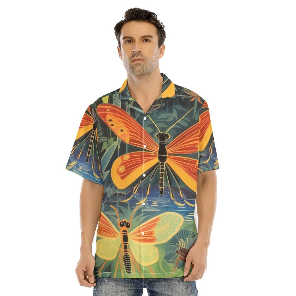 New Men's Butterfly Print Hawaiian Shirt With Button Closure