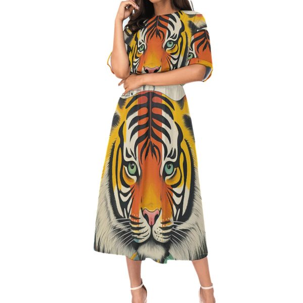New Vibrant Tiger Print Women's Elastic Waist Full-Length Dress