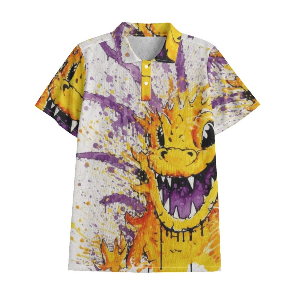 New Yellow Dinsoaur Print Men's Polo Shirt