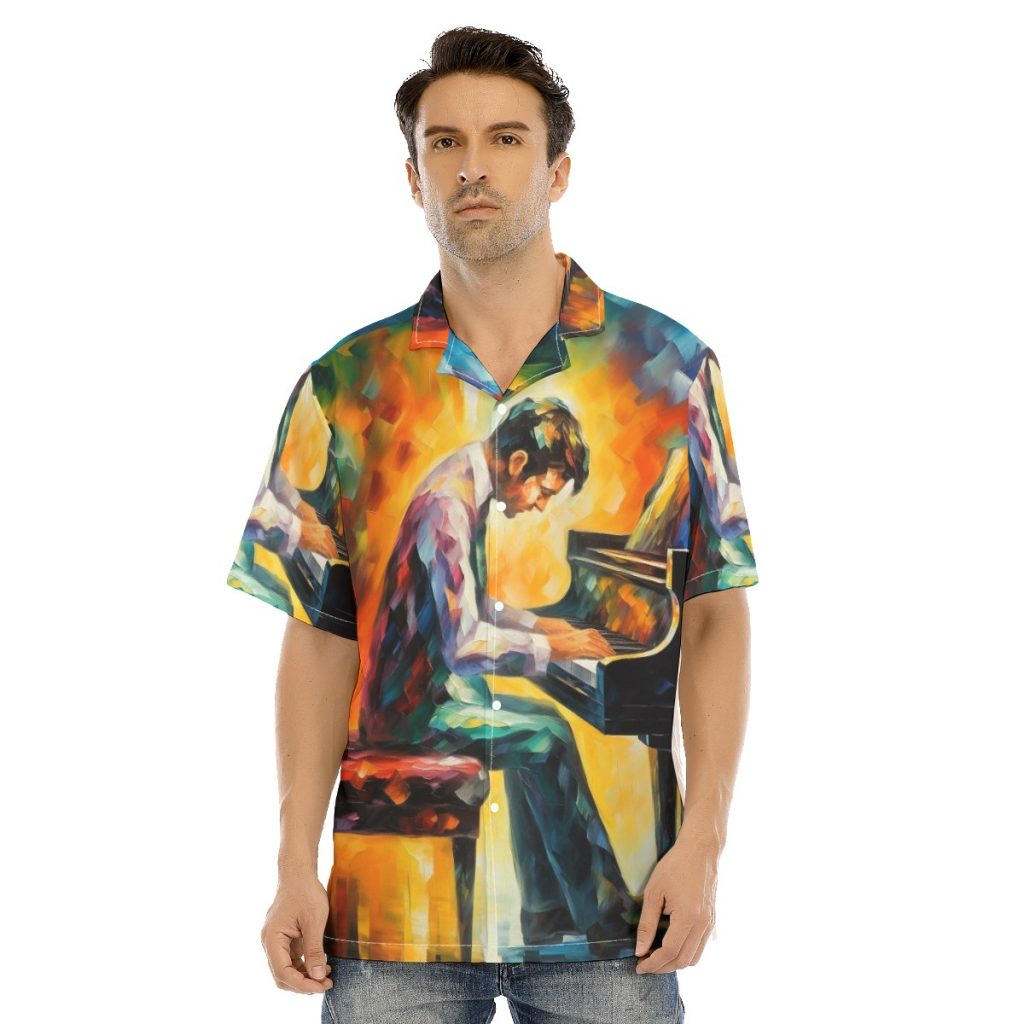 New Men's Piano Player Print Hawaiian Shirt With Button Closure