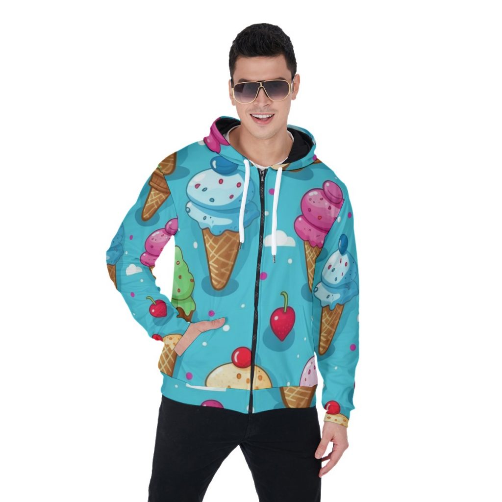New Fun Icecream Print Men's Heavy Fleece Zip Up Hoodie