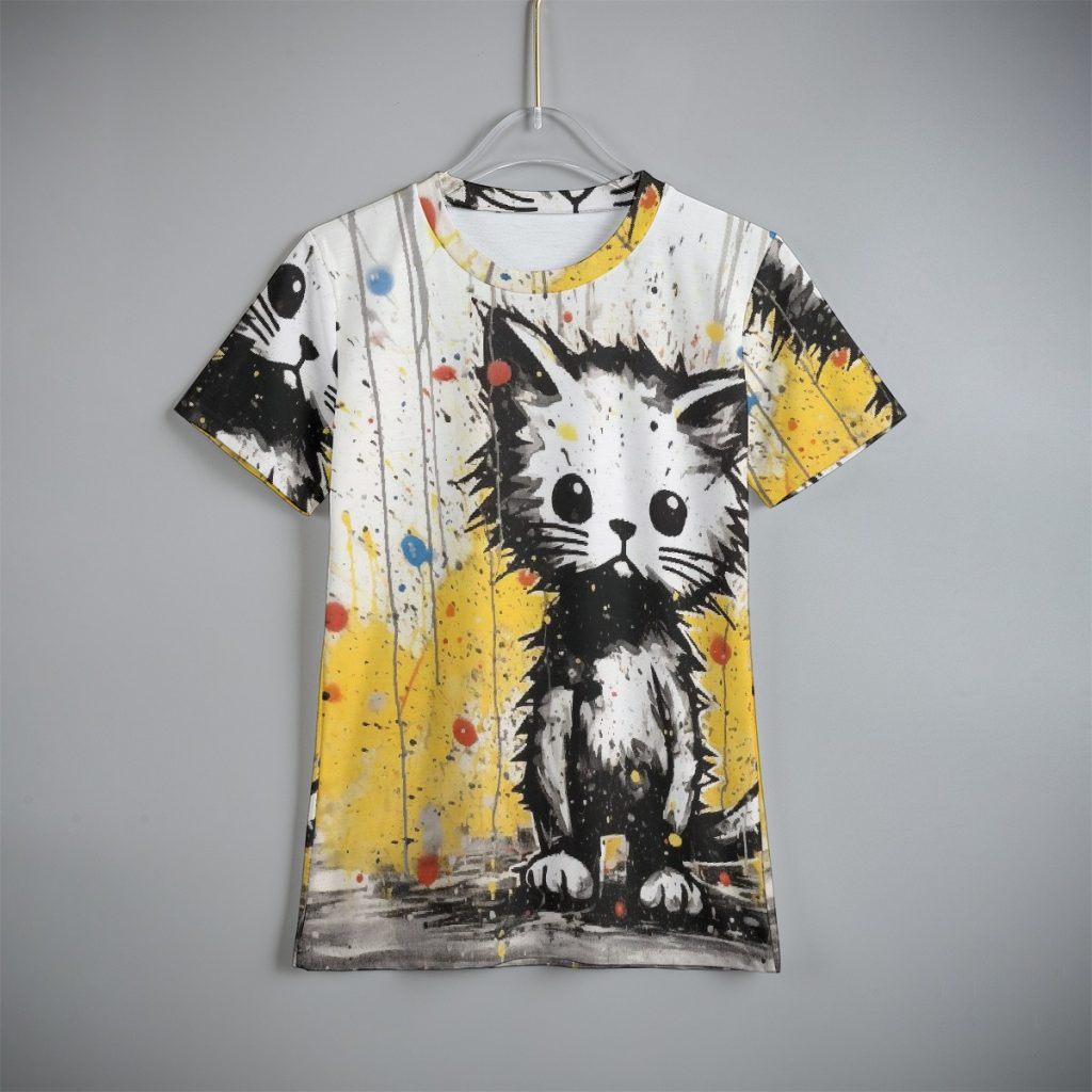 New Cute White & Black Cat Print Kid's T-Shirt