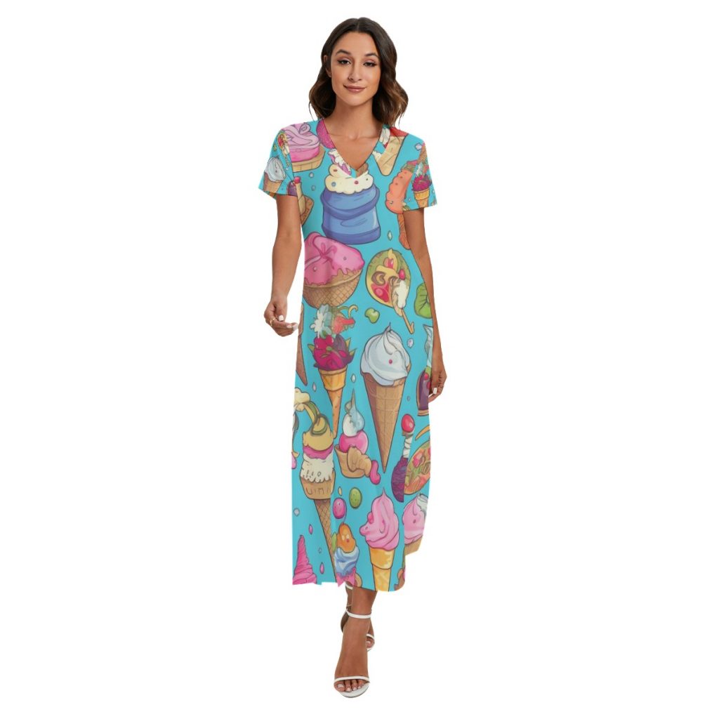 New Vibrant Colorful Icecream Print Women's V-neck Dress With Side Slit