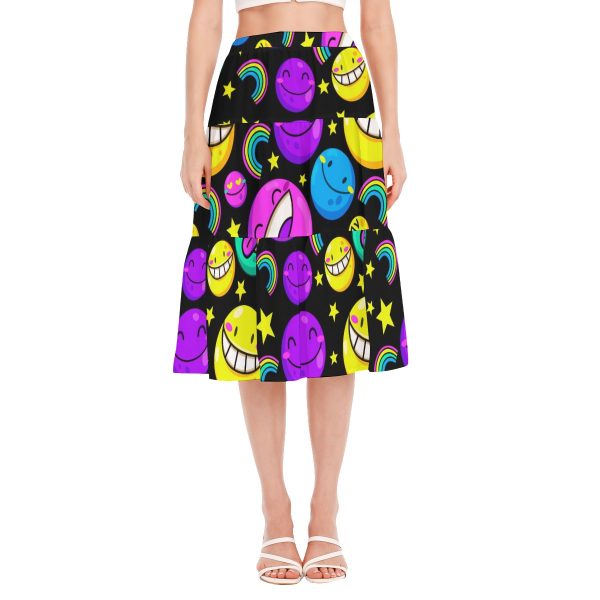 New Colorful Smiley Faces Print Women's Stitched Pleated Chiffon Skirt