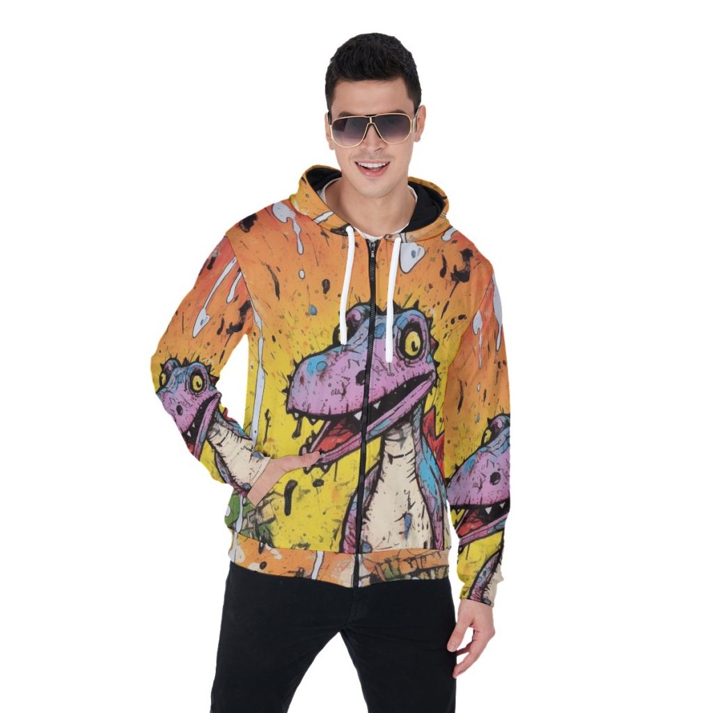 New Fun Dinosaur Print Men's Heavy Fleece Zip Up Hoodie