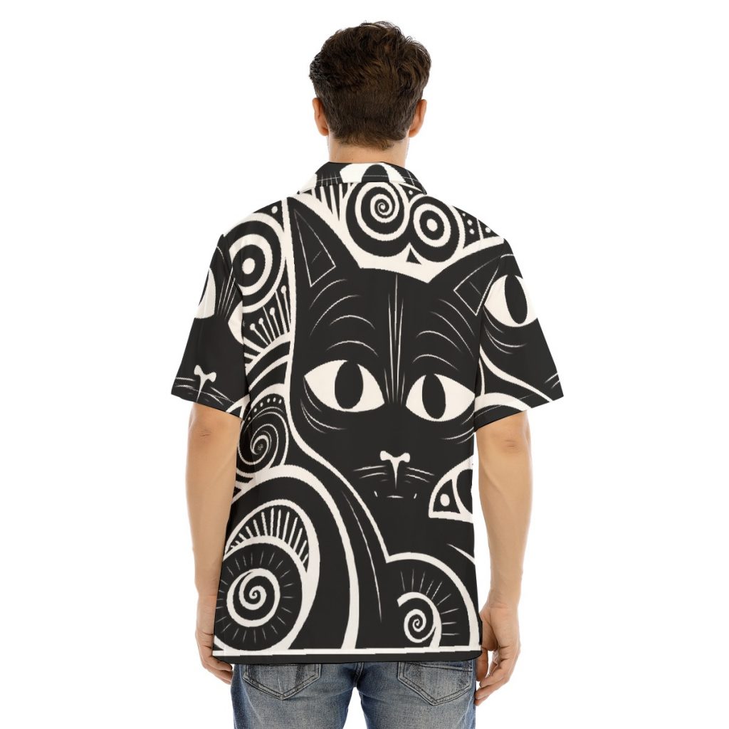New Black/White Abstract Cat Print Men's Shirt With Button Closure