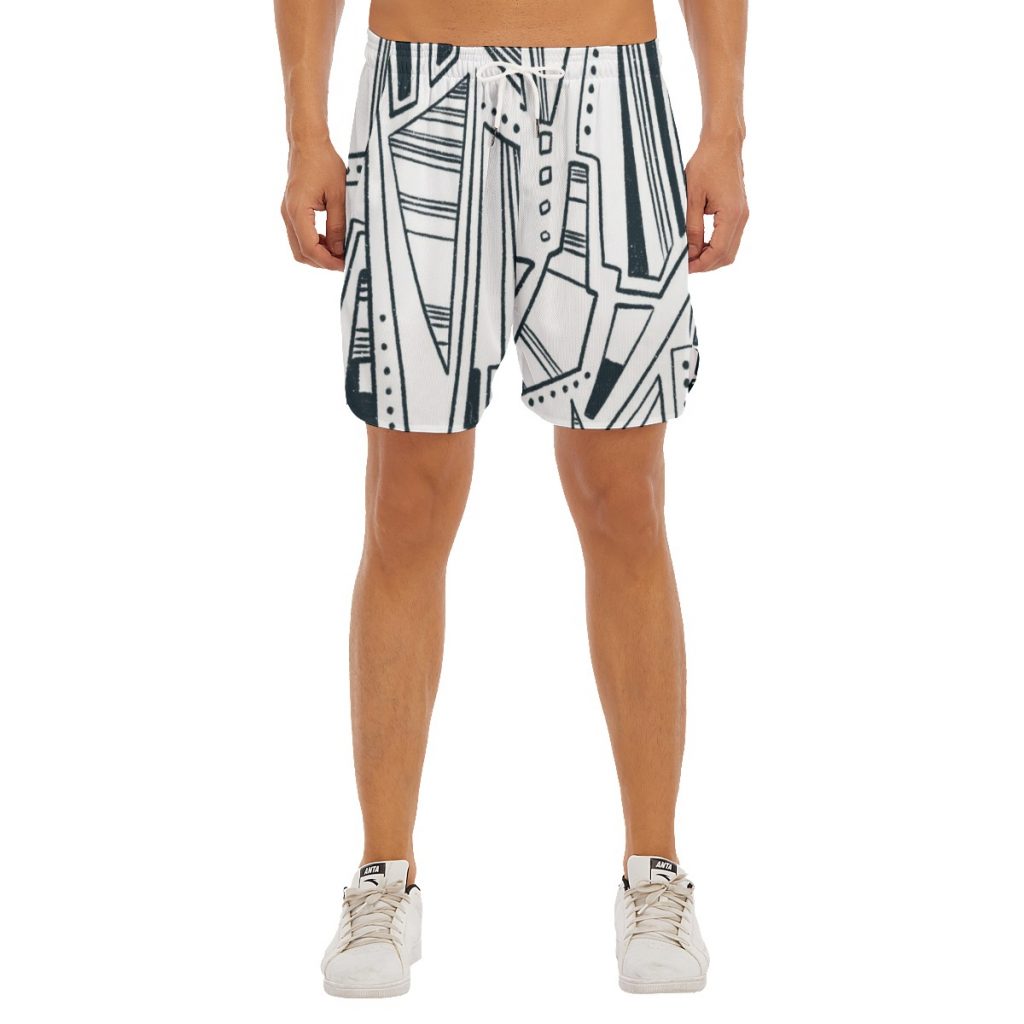 New White & Black Print Men's Side Split Running Sport Shorts