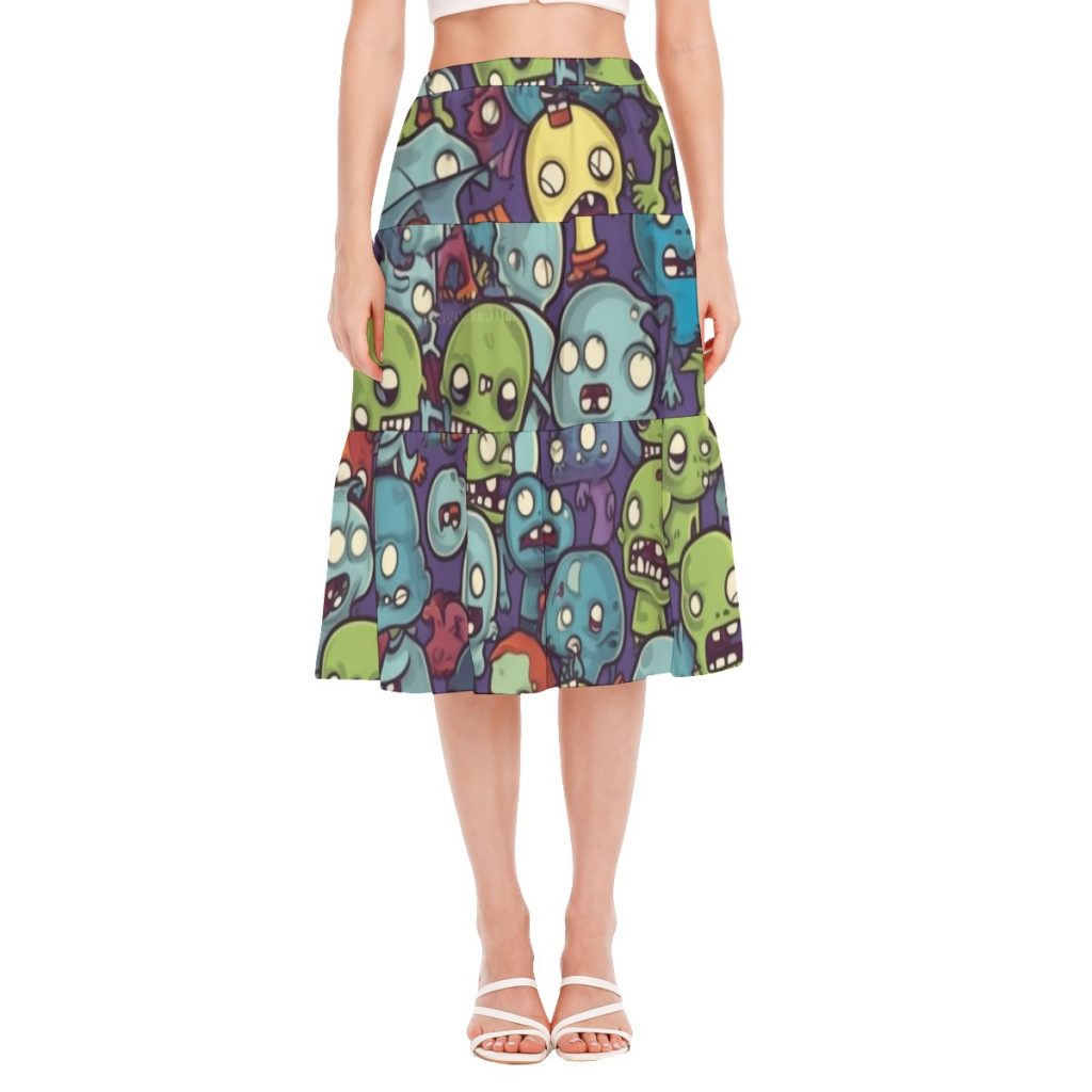 New Colorful Fun Faces Print Women's Stitched Pleated Chiffon Skirt