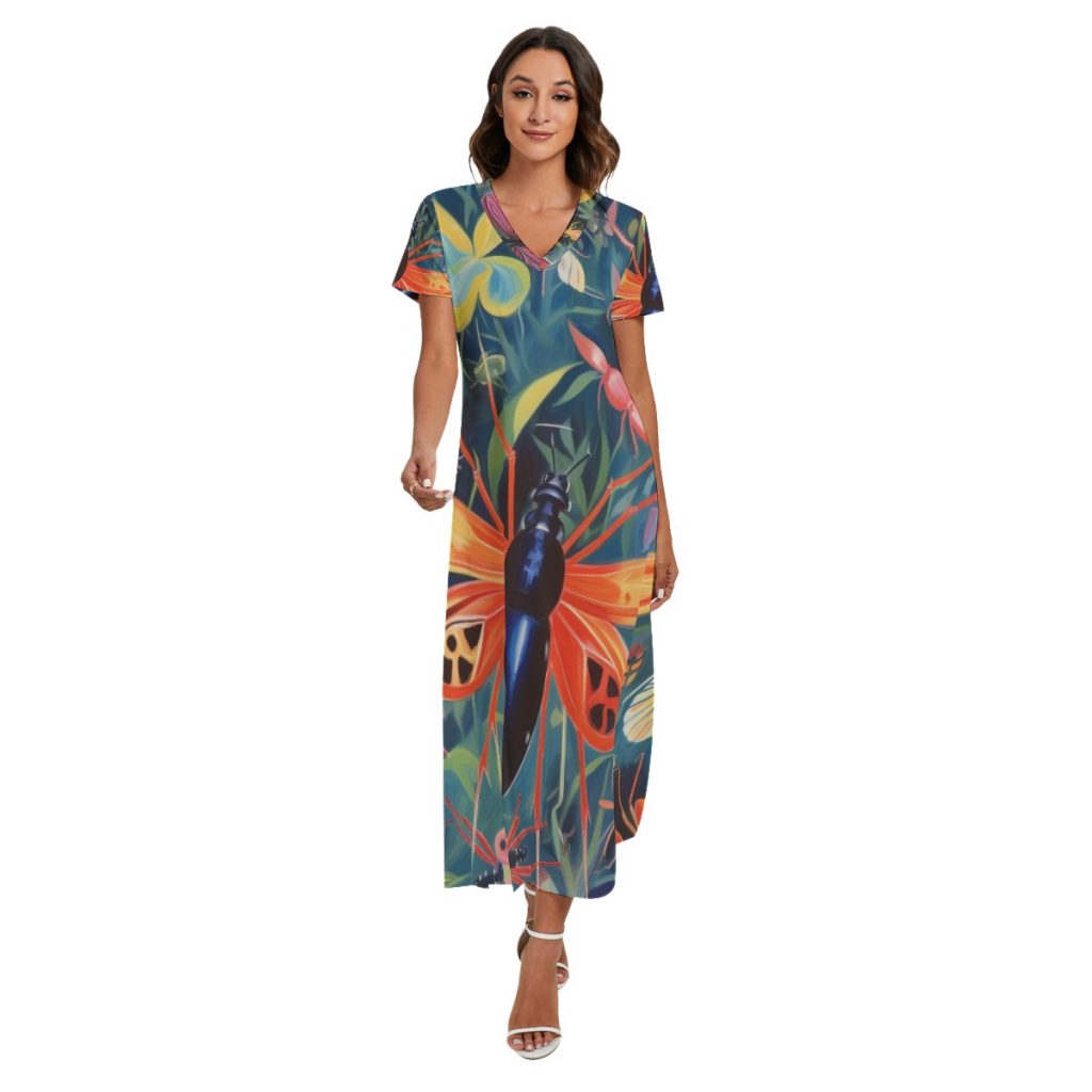 New Pullover Vibrant 'Bug' Print Women's V-neck Dress With Side Slit