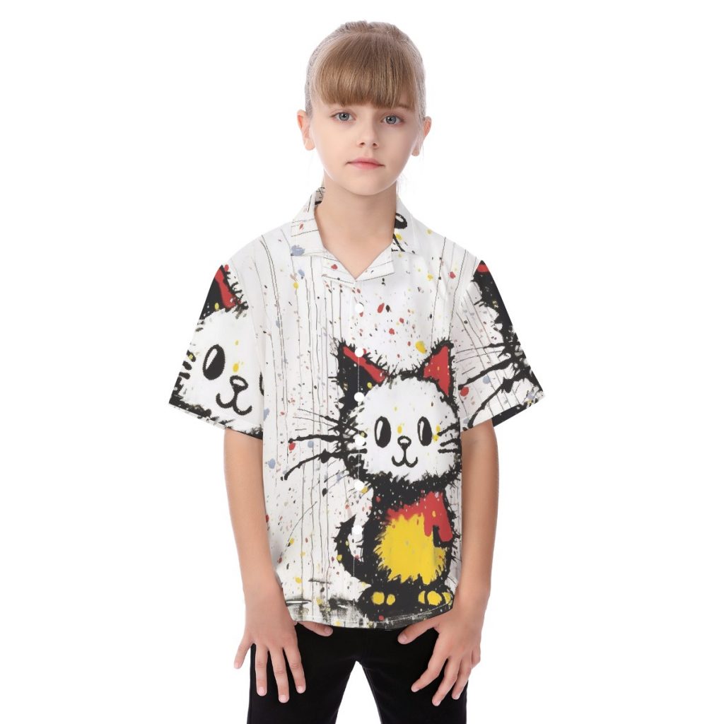 New Cute Cat Print Kid's Hawaiian Vacation Shirt