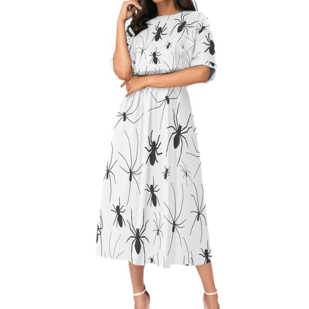 New Black Spider Print Women's Elastic Waist Dress