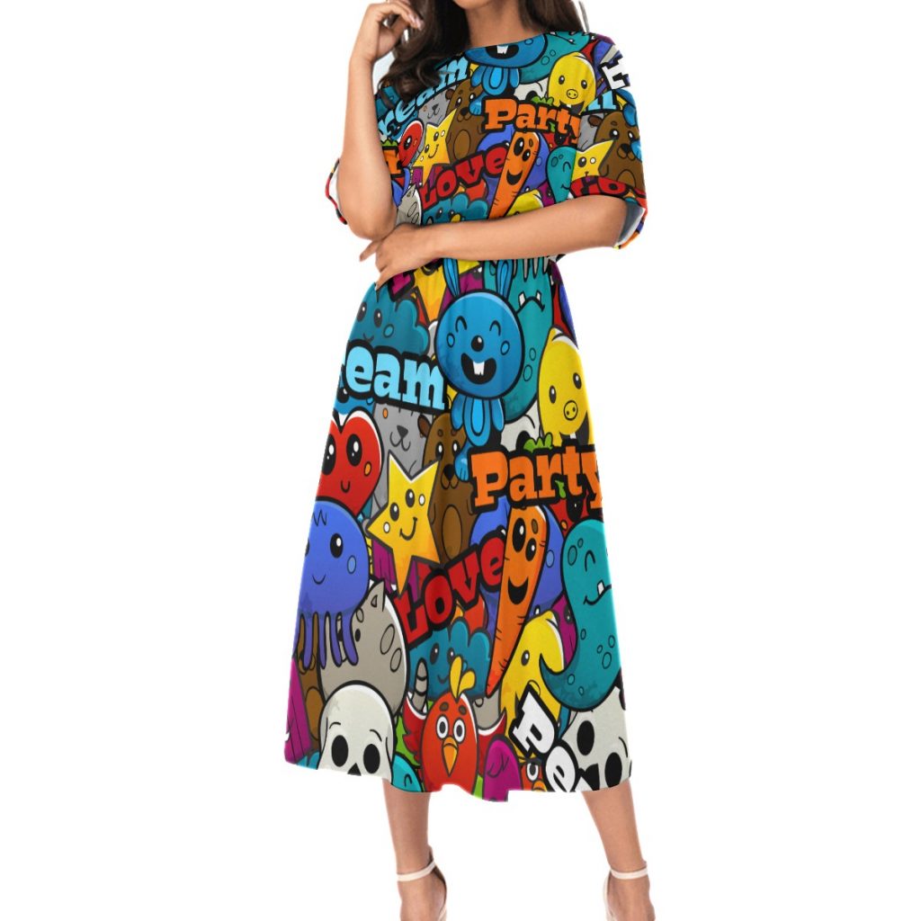 New Colorful Party Dream Love Print Women's Elastic Waist Dress