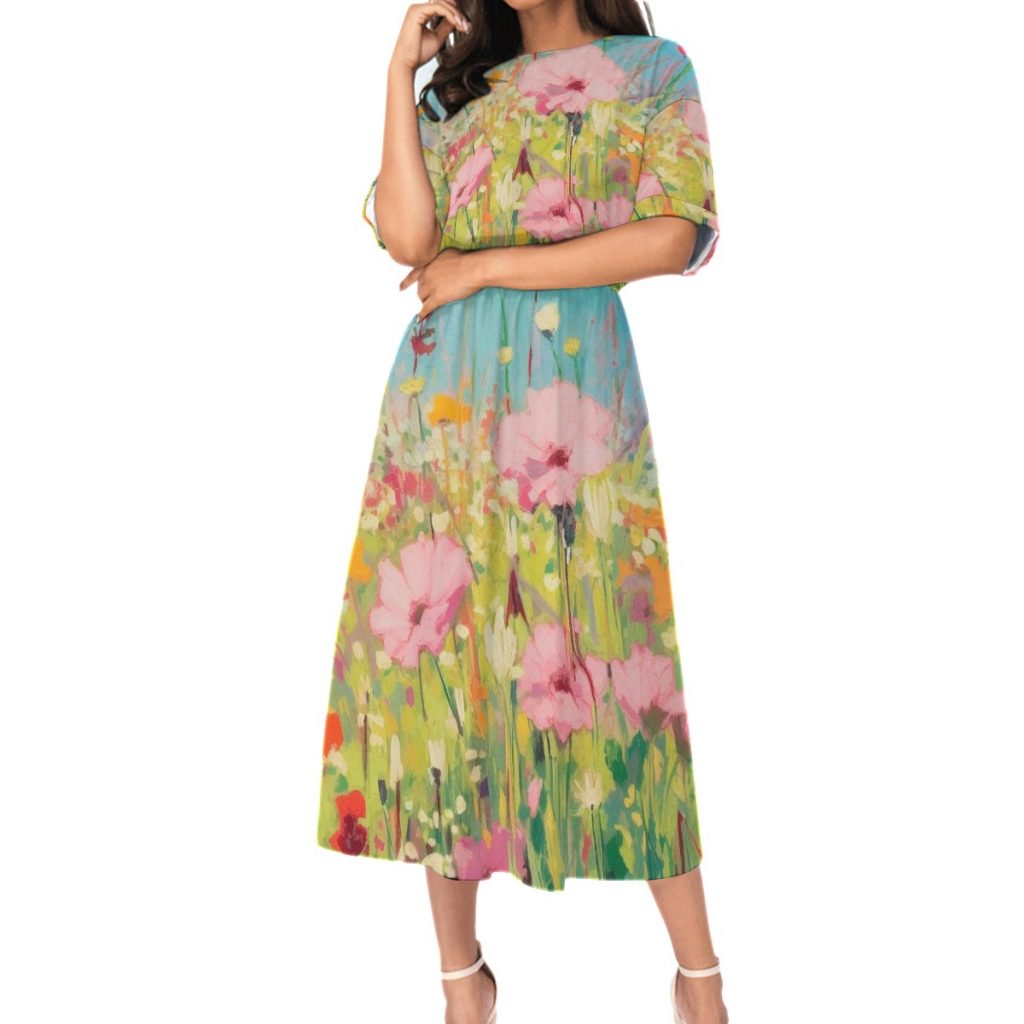 New Colorful Floral Print Women's Elastic Waist Dress