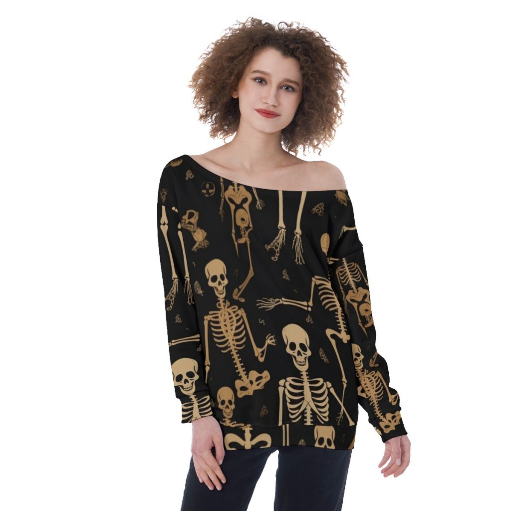 New Fun Black Tan Skeleton Print Oversized Women's Off-Shoulder Sweatshirt