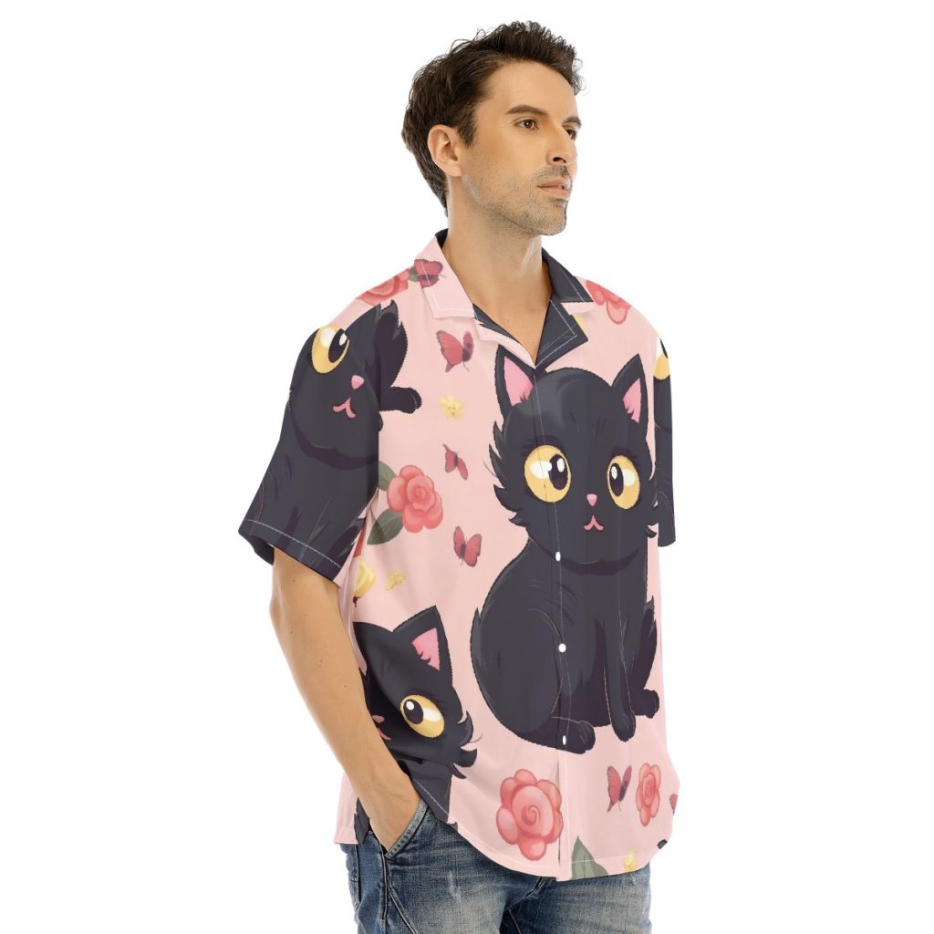 New Pink with Black Cat Print Men's Hawaiian Shirt With Button Closure