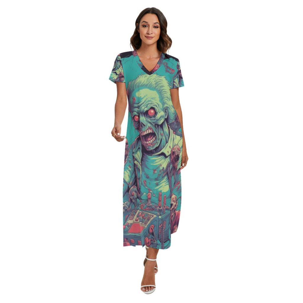 New Colorful Zombie Print Pullover Women's V-neck Dress With Side Slit